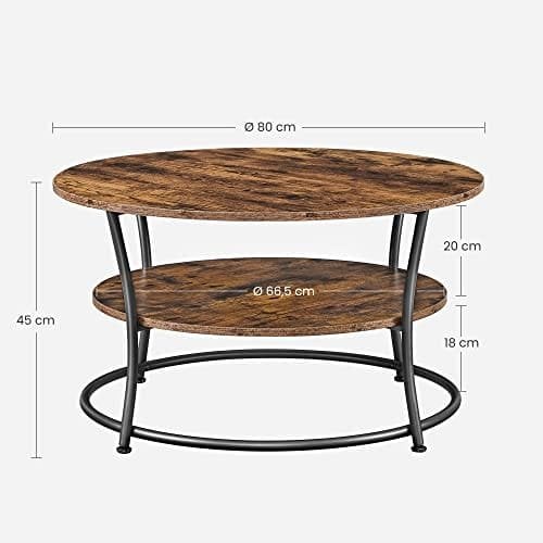 Vasagle sofabord, rund cocktailbord med hylde, tebord, let samling, metal, industriel design, rustik brun LCT80BX