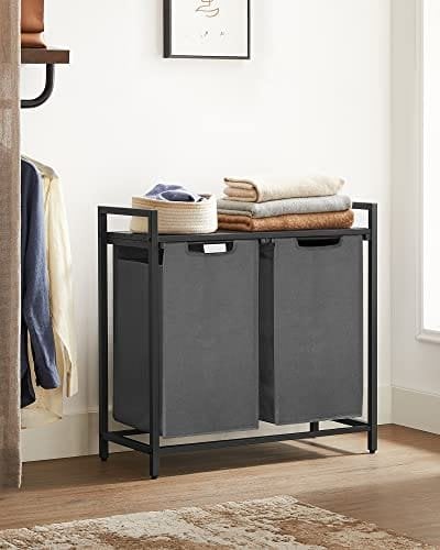 Vasagle Tøjvaskkurv, 2-rumvaskeri Hamper, Oxford-stof, udtræk og aftagelige vaskeposer, metalramme, 2 x 46L, 73 x 33 x 72 cm, rustik brun og grå blh201g01