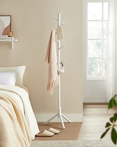 Vasagle Standing Coat Rack, Solid Wood Coat Rack, træformet frakkeholder med 8 kroge, 3 højdeindstillinger, til tøj, hatte, tasker, til stue, soveværelse, hjemmekontor, hvid RCR04WT