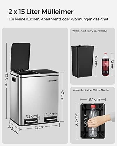 SONGMICS Kierrätyskori, 2 x 15L teräsroskakori, Step Bin, hopea ja musta