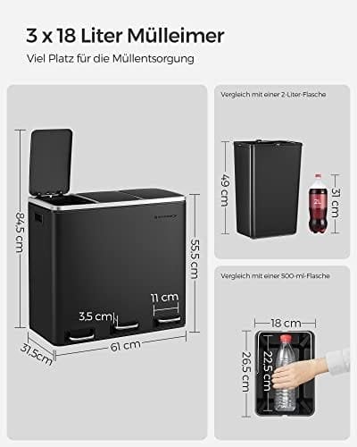 Songmics Recycling Bin, 3 x 18 L Triple Kitchen Bin, 3 Rum Pedal Bin With Soft-Close Låg, Plast