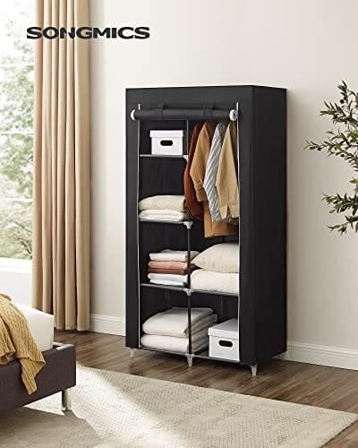 Songmics stofgarderobe, tøjopbevaringsarrangør med 2 hængende skinner, 6 hylder, tilpasset design, 88 x 45 x 168 cm, til soveværelse, afdeling, sort ryg84h