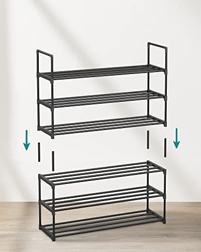 Songmics 3-hylde sko rack, opbevaringsarrangør af metal sko, let at samle, 12 til 15 par sko, stackable skohylde til skab, indgang, sorte LSA303B02