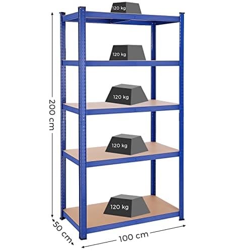 Songmics 5-lags hyldeenhed, stålhylder til opbevaring, værktøjsfri samling, til garage, skur, belastningskapacitet 600 kg, 50 x 100 x 200 cm, blå GLR050Q01