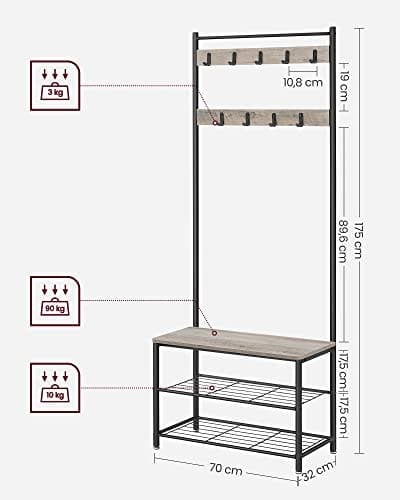 Vasagle Coat Rack, frakke står med skoopbevaringsbænk, halltræ med skostativ, 3-i-1 design, stålramme, til gangen, indgang, 32 x 70 x 175 cm, industriel, greige og sort HSR41MB
