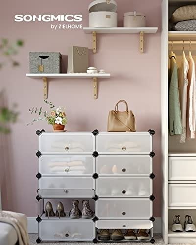 Songmics Interlocking Shoe Rack, rektangulær opbevaringsarrangør, 10 spilleautomat Modular DIY Storage Shelf Unit, 40 x 30 x 17 cm for hver slot, plastgarderobe med døre, hvid LPC10W