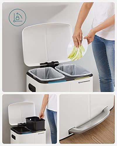 Songmics Double Rubbish Bin, 2 X 20 L Kitchen Bin, Dual Compment Metal Step Bin, med plastiske indre spande, blød-tæt låg og håndtag, lugtforsegling, hvid LTB40WT