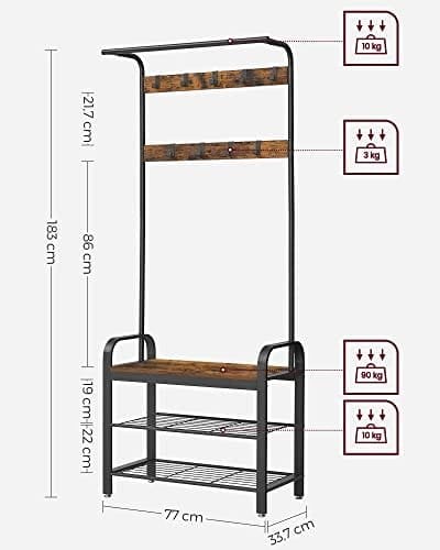 Vasagle Coat Rack, frakke står med skoopbevaringsbænk, 4-i-1 design, med 9 aftagelige kroge, en tøjskinne, til gangen, indgang, 33,7 x 77 x 183 cm, industriel, rustik brun og sort HSR40B