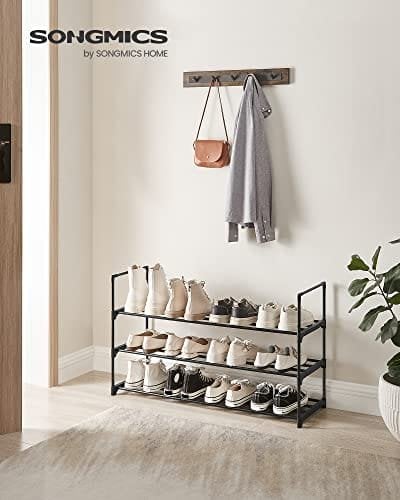 Songmics 3-hylde sko rack, opbevaringsarrangør af metal sko, let at samle, 12 til 15 par sko, stackable skohylde til skab, indgang, sorte LSA303B02