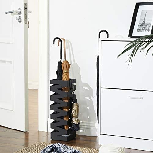 Songmics Metal Paraply Stand, Square Paraply Holder Rack, med kroge og drypbakke, 15,5 x 15,5 x 49 cm, sort luc16b
