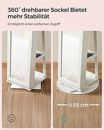 Songmics Fritstående smykkeskab, 360 ° drejelig smykkearrangør med spejl, hylder, 3-i-1 låsbar smykker armoire, kosmetikopbevaringsskab, hvid med gråt trækorn JBC62W