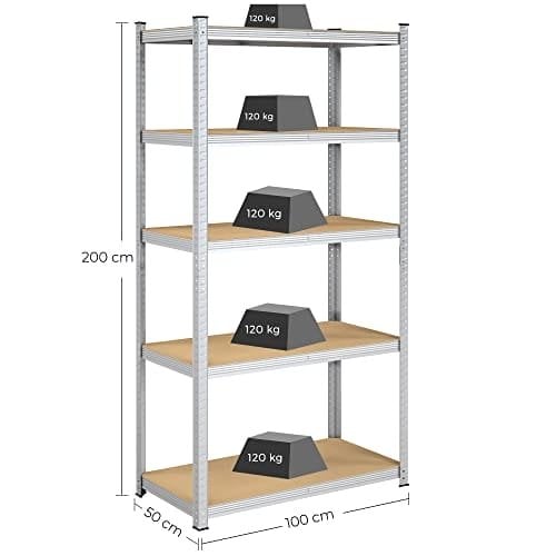 Songmics 5-lags hyldeenhed, stålhylder til opbevaring, værktøjsfri samling, til garage, skur, belastningskapacitet 600 kg, 50 x 100 x 200 cm, sølv GLR050E01