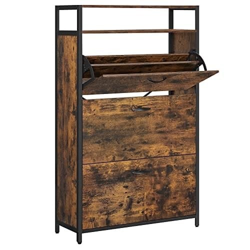 Vasagle LBS802B01 Skoskab med 3 flapper, skostativ, i gangen, for 15-24 par sko, pladsbesparelse, 80 x 30 x 130 cm, vintage brun/sort/sort