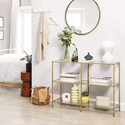 Vasagle -konsolbord, sofabord med 3 hylder, tempereret glashylde, 100 x 30 x 73 cm, metalramme, moderne, til hallway stue soveværelse, guldfarve LGT27G