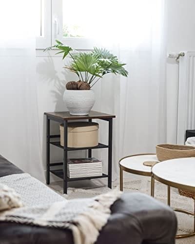 Vasagle sidebord, natbord, slutbord med 2 justerbare meshhylder, let samling, industriel til stue, soveværelse, stabil stålramme, rustik brun og sort Let23x