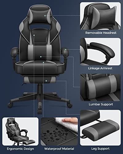 Songmics Gaming Chair Desk stol med fodstøtte, kontorstol med nakkestøtte og lændepude, højde-justerbar, ergonomisk, 90-135 ° Tilt Angle, Load 150 kg sort + grå