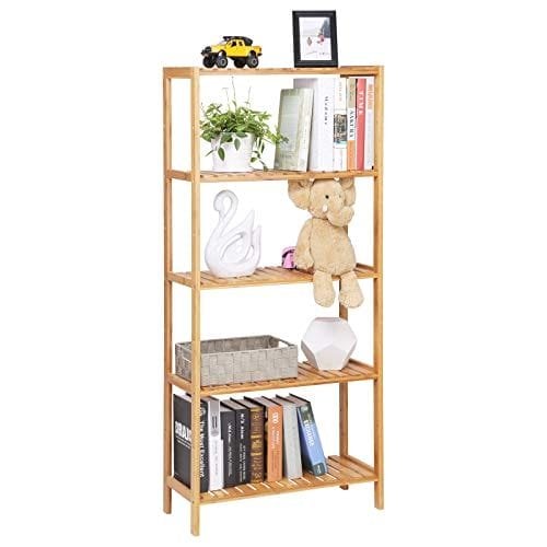 Songmics BCB35Y Badeværelse Køkkenopbevaring Bambus 5 Hylder Justerbar gulvhøjde Blomsterstand Boghylde Naturlig, 60 x 26 x 130 cm