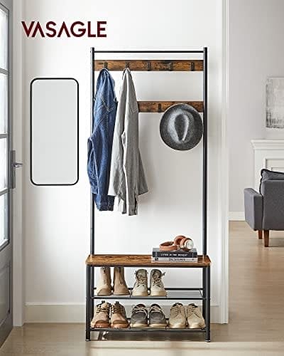 Vasagle Coat Rack, frakke står med skoopbevaringsbænk, halltræ med skostativ, 3-i-1 design, stålramme, til gangen, indgang, 32 x 70 x 175 cm, industriel, rustik brun og sort HSR41BX