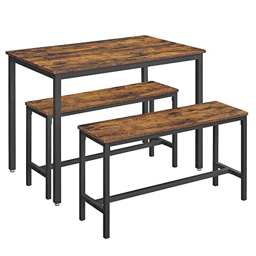 Vasagle spisebord med 2 bænke, 3 stykker sæt, køkkenbord på 110 x 70 x 75 cm, 2 bænke på 97 x 30 x 50 cm hver, stålramme, industriel design, rustik brun og sort KDT070B01