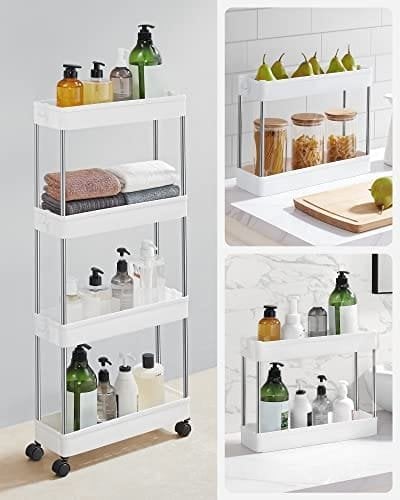 Songmics 4-lags opbevaringsvogn på hjul, plastopbevaringsenhed, pladsbesparende hylder arrangør til små rum, badeværelse køkken, 42 x 13,5 x 87 cm, hvid KSC08WT