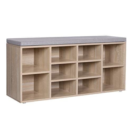 Vasagle skobænk, skohylde, opbevaringsskab, 10 rum, med pude, til indgang, 104 x 30 x 48 cm, eg farve LHS10NL