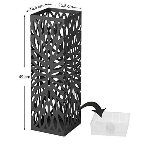 Songmics Metal Paraply Stand, Modern Square Paraply Holder Rack, 15,5 x 15,5 x 49 cm, med 4 kroge og en aftagelig drypbakke, til gangen, kontor, sort luc48b