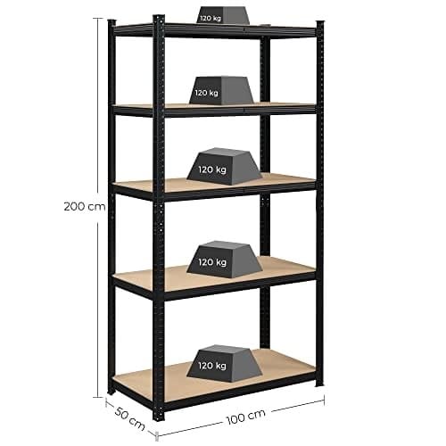 Songmics 5-lags hyldeenhed, stålhylder til opbevaring, værktøjsfri samling, til garage, skur, belastningskapacitet 600 kg, 50 x 100 x 200 cm, sort GLR050B01