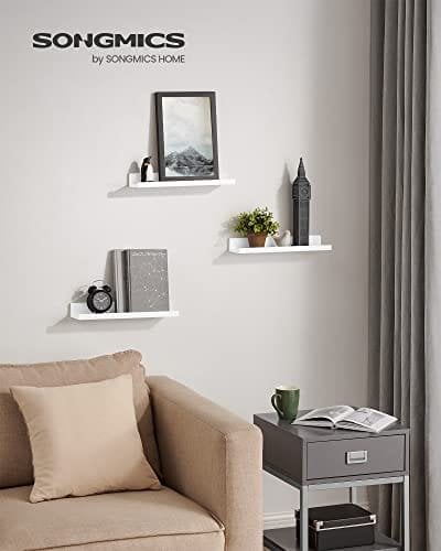 Songmics Wall Shelf 3 Sæt flydende hylder afsats til billedrammer og bøger, 38 x 10 cm, MDF White LWS38WT