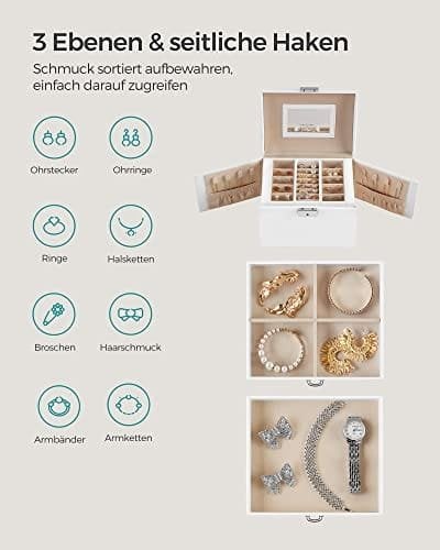 Songmics 3-lags smykkeboks, rejsesmykker med håndtag, 2 skuffer, låsbar smykker arrangør med spejl, smykkeopbevaring, moderne stil, gave til kære, hvid JBC154W01