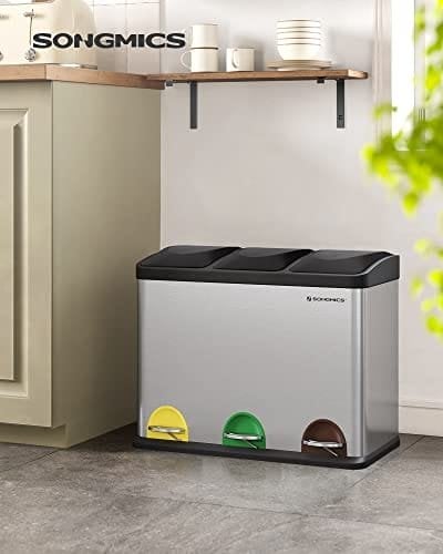 Songmics Recycling Bin, Pedal Bin, 45-liter Metal Rubbish Bin, Waste Separation System skraldespand til køkken, holdbar, 3 x 15 liter, rustfrit stål, sølv og sort LTB45L