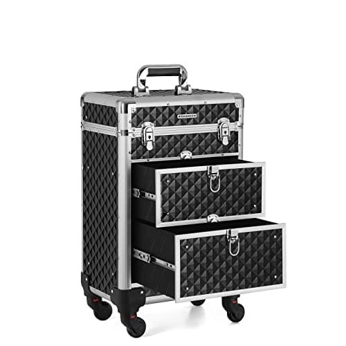 Songmics Lockable Makeup Case, Rolling Cosmetics Beauty Trolley Box, til professionel makeupartist, skønhedsstudio, negletekniker, ABS, aluminium, 34 x 27 x 57 cm, sort JHZ08BK
