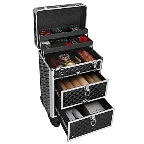 Songmics Lockable Makeup Case, Rolling Cosmetics Beauty Trolley Box, til professionel makeupartist, skønhedsstudio, negletekniker, ABS, aluminium, 34 x 27 x 57 cm, sort JHZ08BK