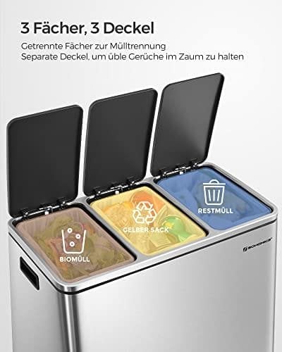 Songmics Recycling Bin, 3 X 18 L Triple Kitchen Bin, 3 Rum Pedal Bin With Soft-Close Låg, Plast