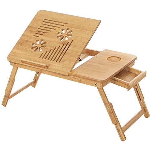 Songmics bambus bærbar skrivebord, sammenfoldelig sengebord, justerbar sofa i højden, med 5 vippevinkler, lufthuller, lille skuffe, 55 x 35 x (21 - 29) cm LLD002