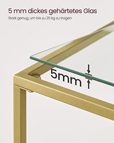 Vasagle -konsolbord, tempereret glasbord, moderne sofa eller indgangsbord, metalramme, 2 hylder, justerbare fødder, til stue, hallway, guldfarve LGT025A01