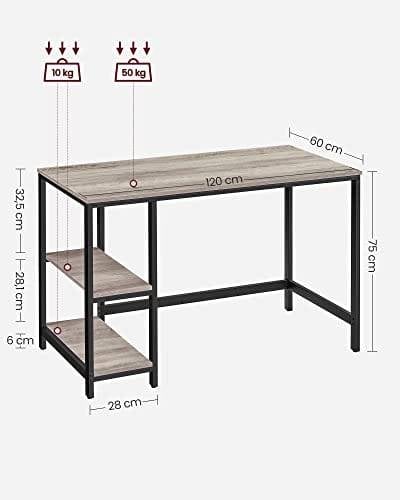 Vasagle Computer Desk, Writing Desk med 2 hylder på venstre eller højre, arbejdsbord til kontorstue, stålramme, industriel, greige og sort LWD47MB