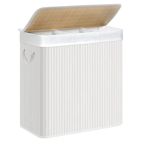 Songmics vaskeri hæmmerkurv med 3 sektioner, klip-on låg og håndtag, 150L foldbart, til vaskerum, soveværelse, badeværelse, hvid LCB091W01