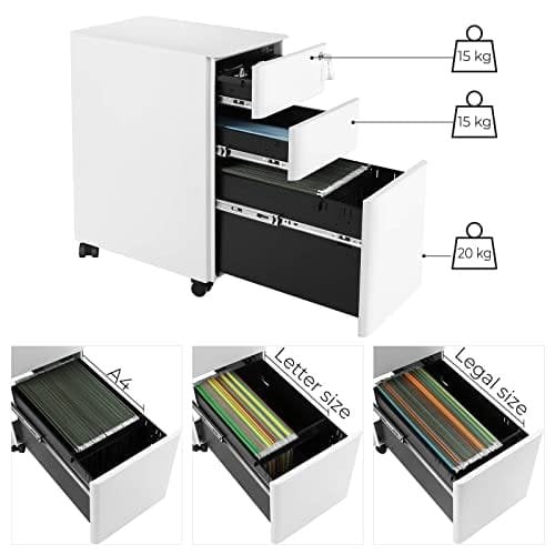 Songmics Mobile File Cabinet, Office Cabinet med hjul og lås, til A4, juridiske dokumenter i brevstørrelse, hængende filmapper, hvid ofc030w01
