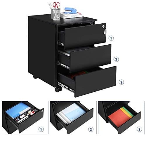 Songmics Mobile File Cabinet, Lockable, med 3 skuffer, holder dokumenter, papirvarer, forudmonteret, til kontor, hjemmekontor, 39 x 45 x 55 cm (L X W X H), Matte sort OFC63BK
