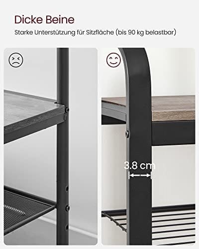 Vasagle Coat Rack, frakke står med skoopbevaringsbænk, 4-i-1 design, med 9 aftagelige kroge, en tøjskinne, til gangen, indgang, 33,7 x 77 x 183 cm, industriel, greige og sort HSR40MB