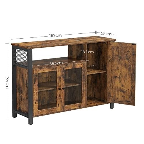 Vasagle Buffet Cabinet, skænk, gulvopbevaringsskab med gennemsigtige døre, rustik ULSC096B01
