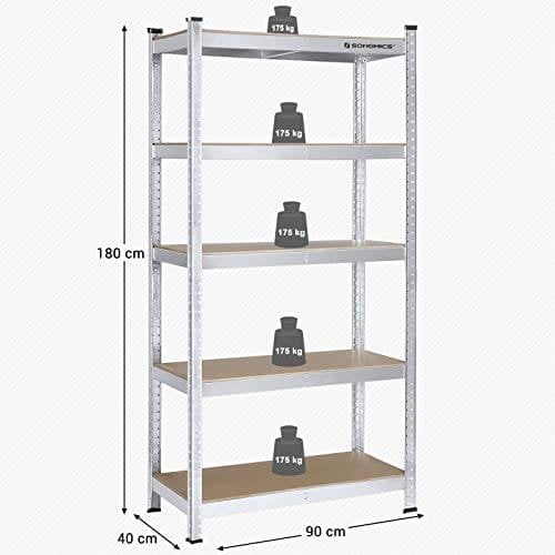 Songmics 5-lags hyldeenhed, stålhylder til opbevaring, værktøjsfri samling, til garage, skur, belastningskapacitet 875 kg, 40 x 90 x 180 cm, sølv GLR40SV
