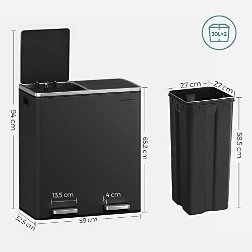 SONGMICS Kaksoisastia, 2 x 30L jäte- ja kierrätysastia, musta