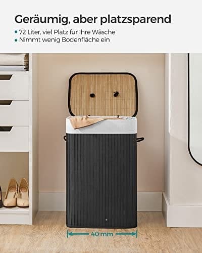 Songmics bambusvaskeri, 72L sammenfoldelig vaskeri, rektangulær opbevaring hæmmer med 3 håndtag, 40 x 30 x 60 cm, sort LCB10b