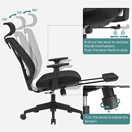 Songmics obn61bkv1 ergonomisk kontorstol med fodstøtte, skrivebordsstol med lændehjælp, justerbar nakkestøtte og armlæn, højdejustering og rockerfunktion, maksimal belastning 150 kg, sort