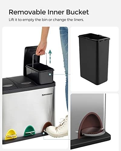 Songmics Recycling Bin, 3-in-1 Pedal Bin, 24-Liter Metal Rubbish Bin, Waste Separation System skraldespand til køkken, let at rengøre, stål, sølv LTB24L