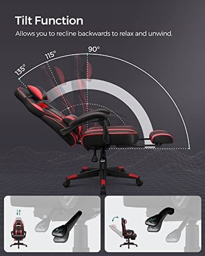Songmics Racing Gaming Chair, Justerbar kontorstol med fodstøtte, ergonomisk design, vippemekanisme, nakkestøtte, lumbale support, 150 kg vægtkapacitet, sort og rød OBG73BRV1