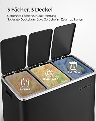 Songmics Recycling Bin, 3 x 18 L Triple Kitchen Bin, 3 Rum Pedal Bin With Soft-Close Låg, Plast