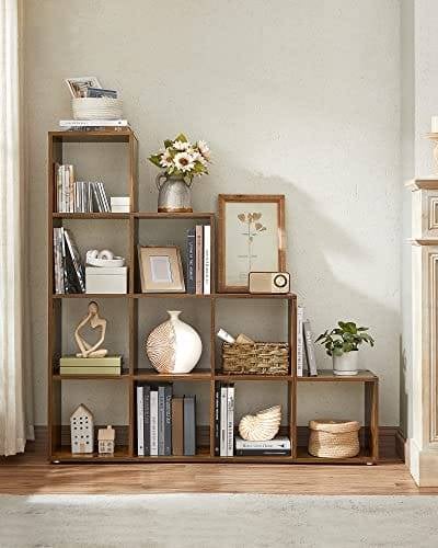 Vasagle-boghylder, 10-kub bogreol, rumdeler, display fritstående hylde, med 10 rum, 129,5 x 29 x 129,5 cm, til stue, soveværelse, studieværelse, rustik brun LBC10BX