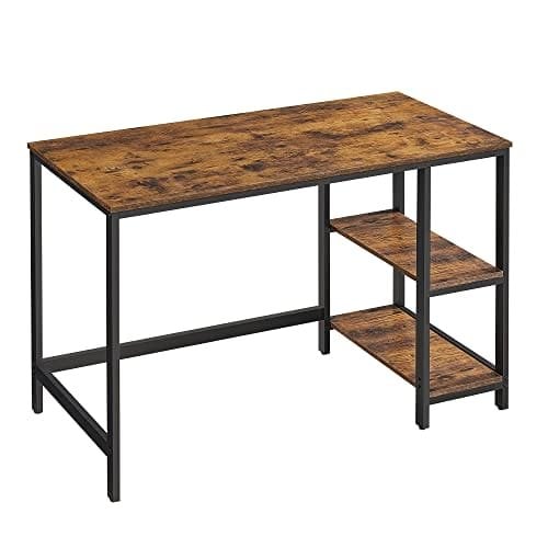 Vasagle Computer Desk, Writing Desk med 2 hylder på venstre eller højre, arbejdsbord til kontorstue, stålramme, industriel, rustik brun og sort LWD47X